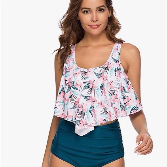 KABETY Women Two Pieces Bathing Suits Ruffled Racerback High Waisted Bikini Set - Picture 4 of 9